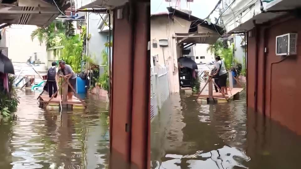 Residents build makeshift raft as floodwaters cut off access in Cabancalan